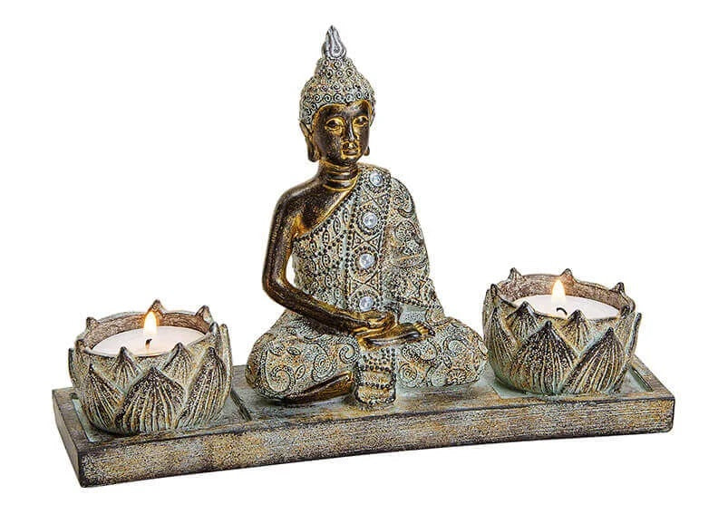 Buddha mit 2 Teelichthalter aus Poly Braun Teelicht Deko Skulptur Statue