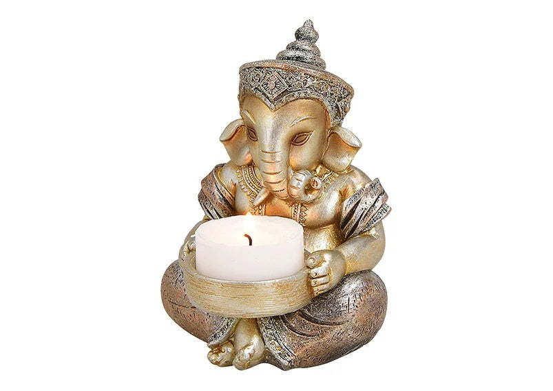 Ganesha mit Teelichthalter aus Poly Champagner (B/H/T) 8x11x8cm