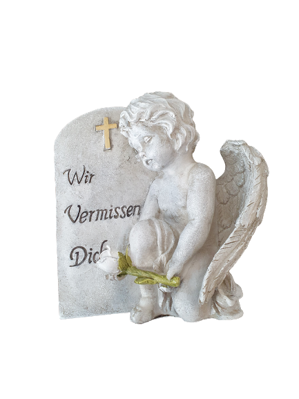 Engel neben Spruchstein – Grau, „Wir vermissen dich“ | Gedenkdeko 20 cm
