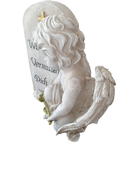 Engel neben Spruchstein – Grau, „Wir vermissen dich“ | Gedenkdeko 20 cm