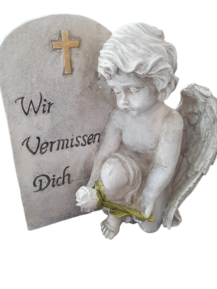 Engel neben Spruchstein – Grau, „Wir vermissen dich“ | Gedenkdeko 20 cm