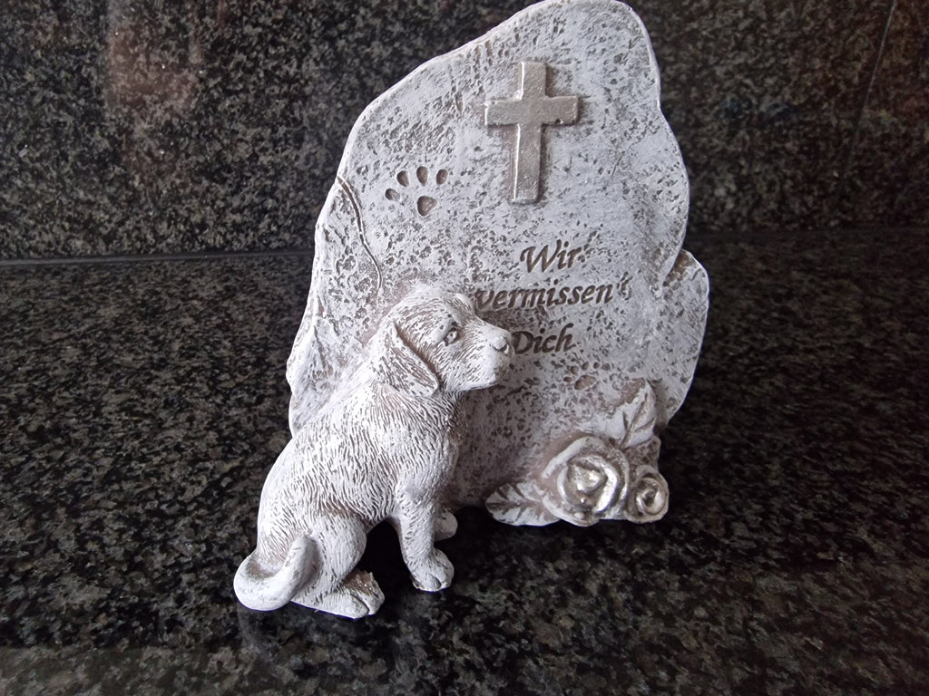 Grabschmuck Grabstein mit Hund oder Katze mit Spruch Wir vermissen Dich Trauer