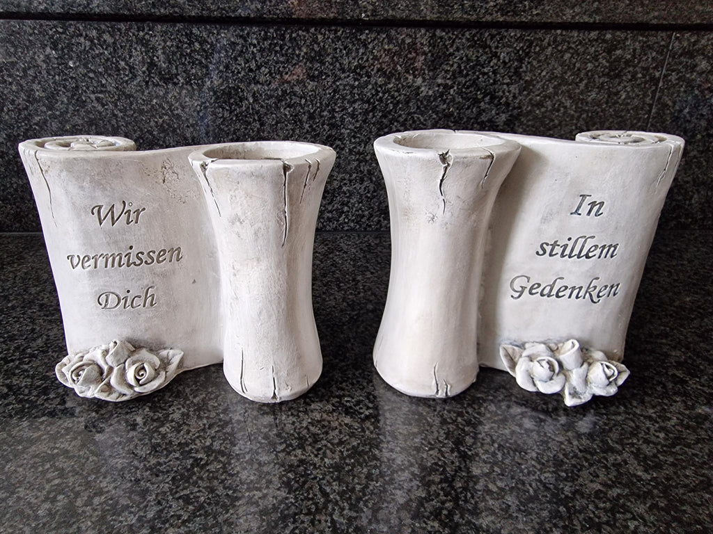 Wetterfeste Grabvase - Polyresin - Grau - " Wir vermissen Dich" / "In stillem Gedenken" - 13 cm