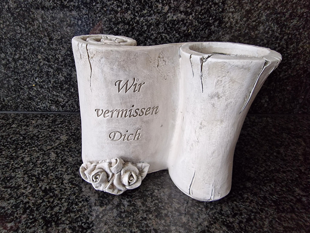 Wetterfeste Grabvase - Polyresin - Grau - " Wir vermissen Dich" / "In stillem Gedenken" - 13 cm