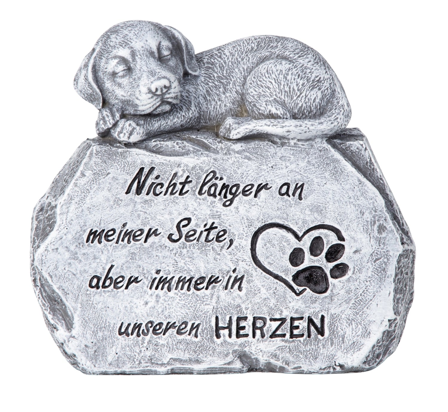 Hund auf Grabstein mit Spruch Nicht länger an meiner Seite, aber immer in unserem Herzen