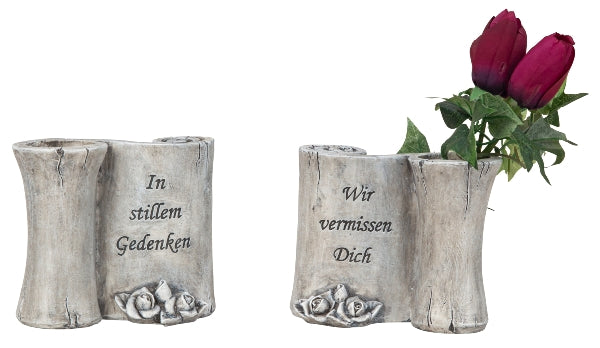 Wetterfeste Grabvase - Polyresin - Grau - " Wir vermissen Dich" / "In stillem Gedenken" - 13 cm