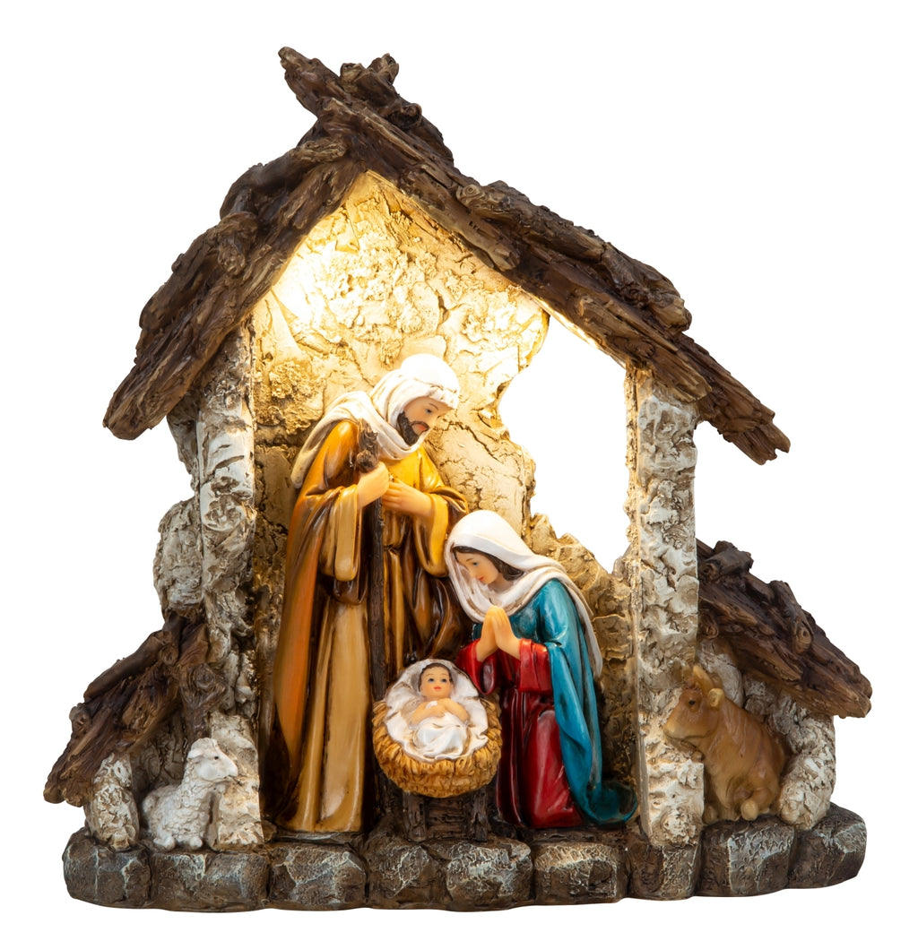 Krippenhaus mit LED Beleuchtung Holz Krippe Weihnachtskrippe