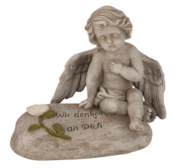 Grabschmuck Engel auf Spruchstein – Grau, „Wir denken an Dich“ | Gedenkdeko 16 cm
