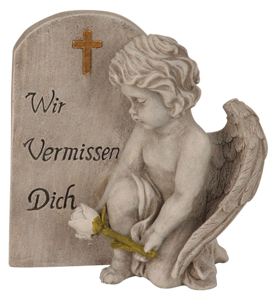 Engel neben Spruchstein – Grau, „Wir vermissen dich“ | Gedenkdeko 20 cm