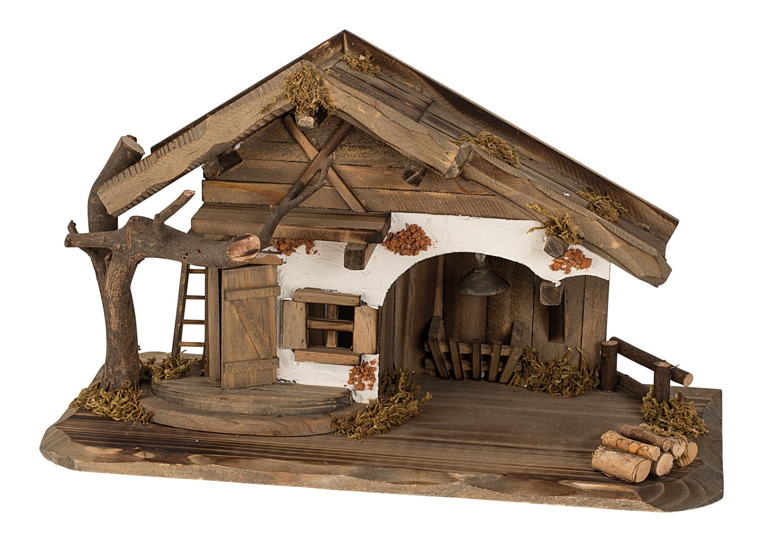 Holz Krippe Weihnachtskrippe Haus aus Holz mit LED-Licht h=22cm b=39,5cm