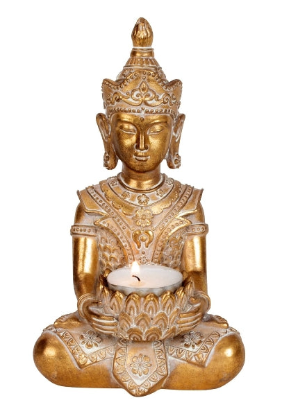 Buddha Figur sitzend gold mit Teelichthalter h=19cm