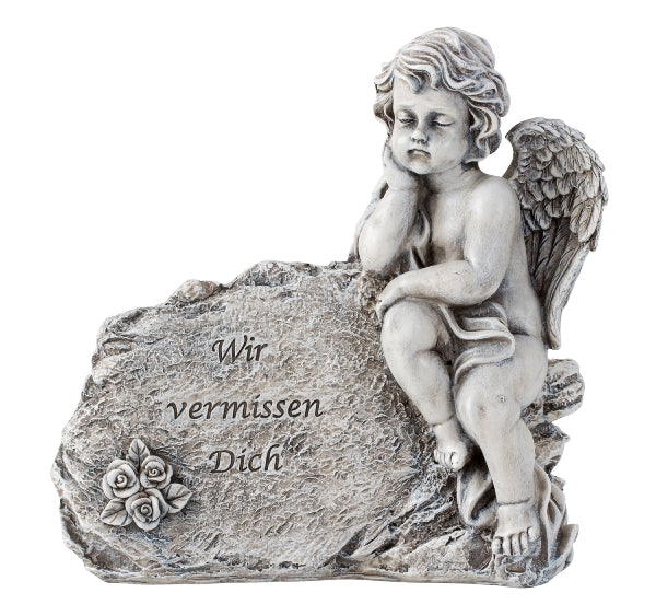 Grabengel neben Spruchstein – „Wir vermissen Dich“ | Gedenkdeko 26 cm
